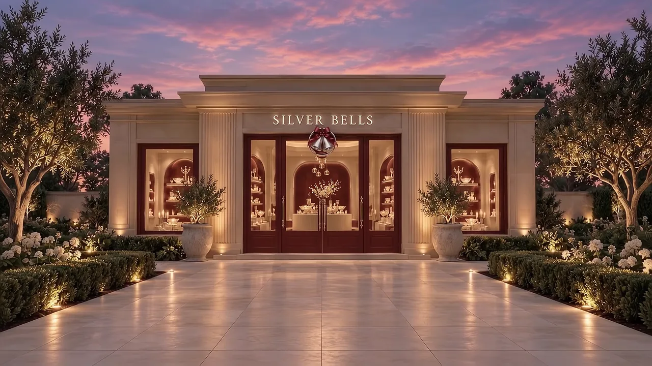 The Silver Bells boutique, with burgundy doors, a silver bell emblem, gardens and a blush evening sky